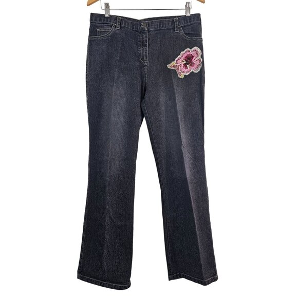 R Denim Womens Sz 12 Floral Beaded Embroidered Y2K Straight Leg Jeans Black Wash - Picture 1 of 10
